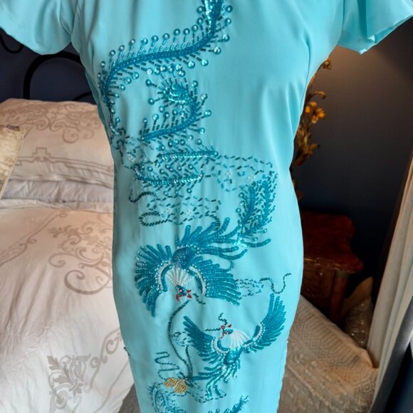 Gorgeous Turquoise Handmade Rhinestone Beaded Crystal Cheongsam Qipao Dress - Picture 3 of 16